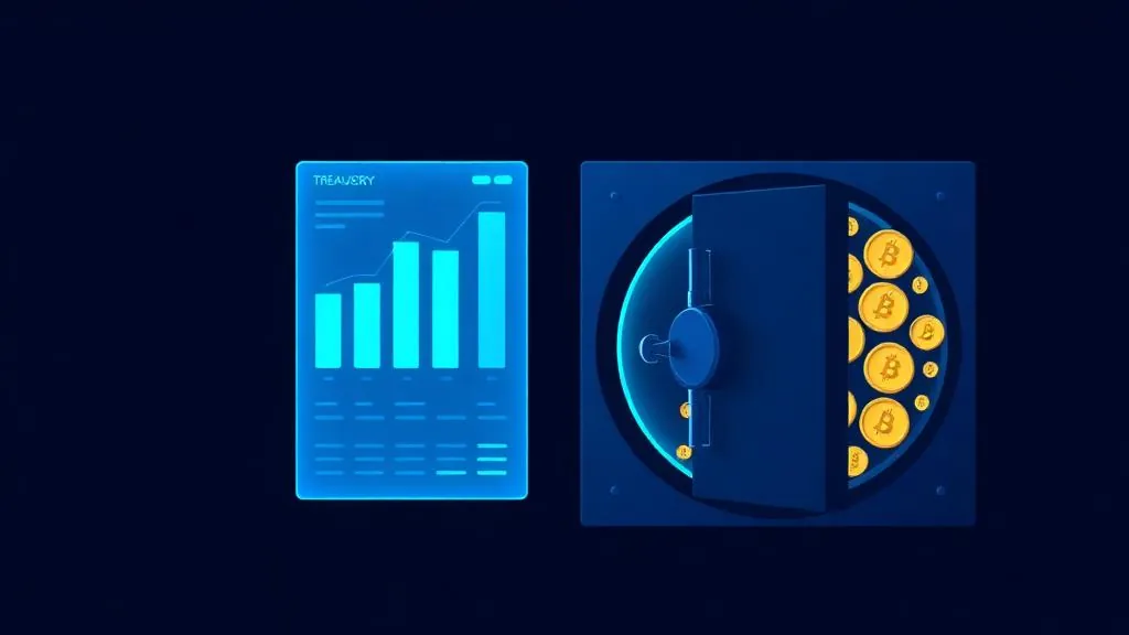 Crypto treasury management that survives an audit Crypto treasury dashboard beside a secured vault of digital assets