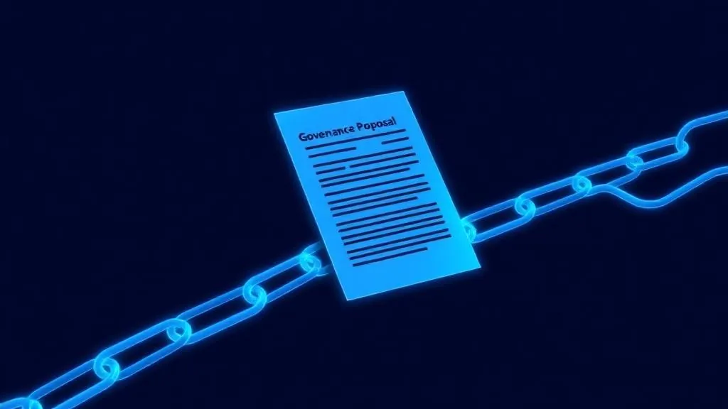 DAO proposal execution: turning a passed vote into an onchain transaction DAO proposal document turning into an onchain transaction on a glowing blue blockchain